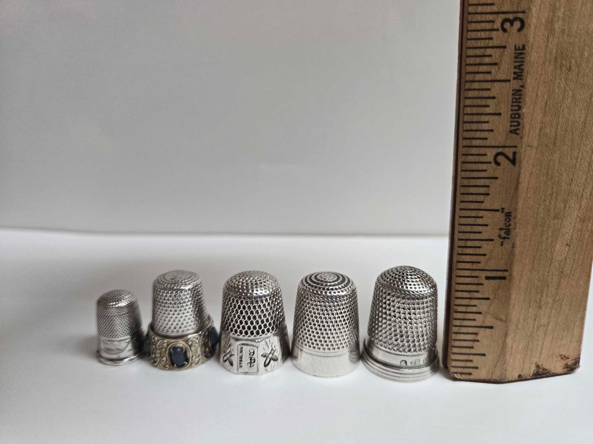 5 Antique Sterling Silver Thimbles with Hand Written Scroll Descriptions