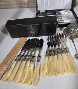 Estate Collection of Silver Plate Serving Pcs., Steak Knives, Bakelite, and Mother of Pearl Handled