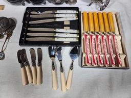 Estate Collection of Silver Plate Serving Pcs., Steak Knives, Bakelite, and Mother of Pearl Handled