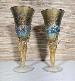 2 Signed Colin Heaney Gem Series Art Glass Flutes Aurene Favrile