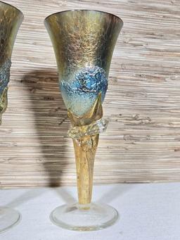 2 Signed Colin Heaney Gem Series Art Glass Flutes Aurene Favrile