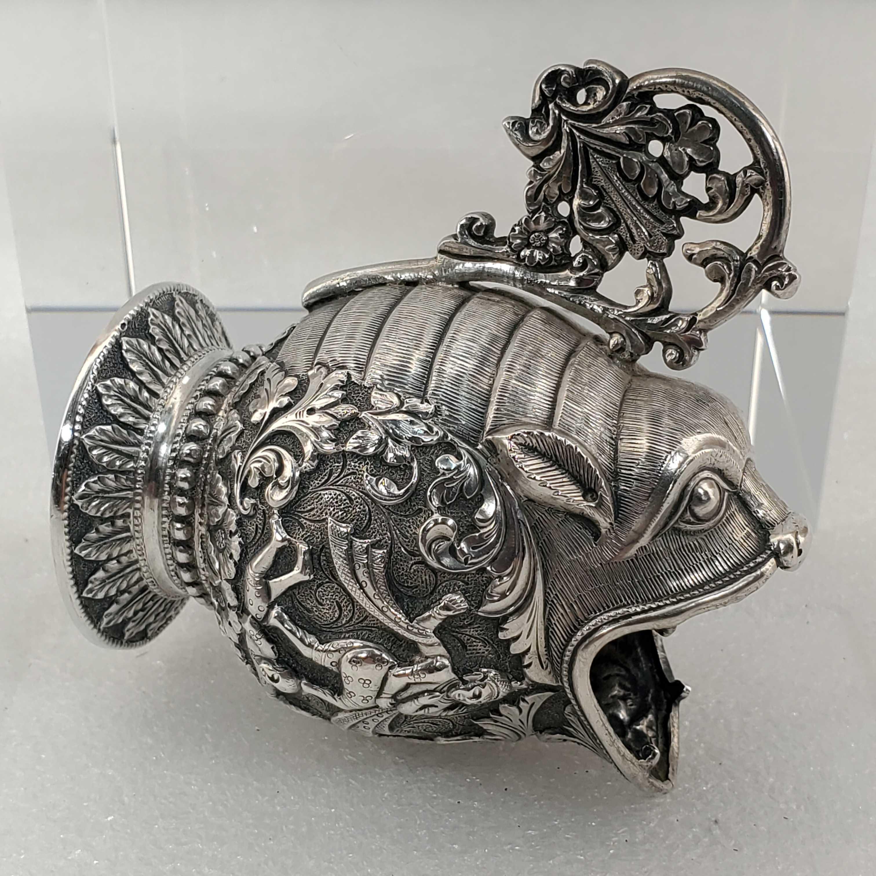 19th Century Indian Kutch Repousse Fine Silver Miniature Mythical Pitcher
