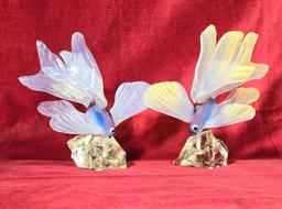Beautiful Pair of Hand Blown Art Glass Fish On Natural Design Crystal Bases
