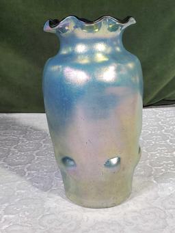 11 1/2" Loetz Style Art Glass Vase Blue Aurene