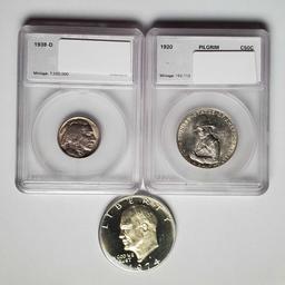 MS quality 1920 Pilgrim Commemorative Half Dollar, 1938-D Buffallo Nickel and 1974 Eisehower Dollar