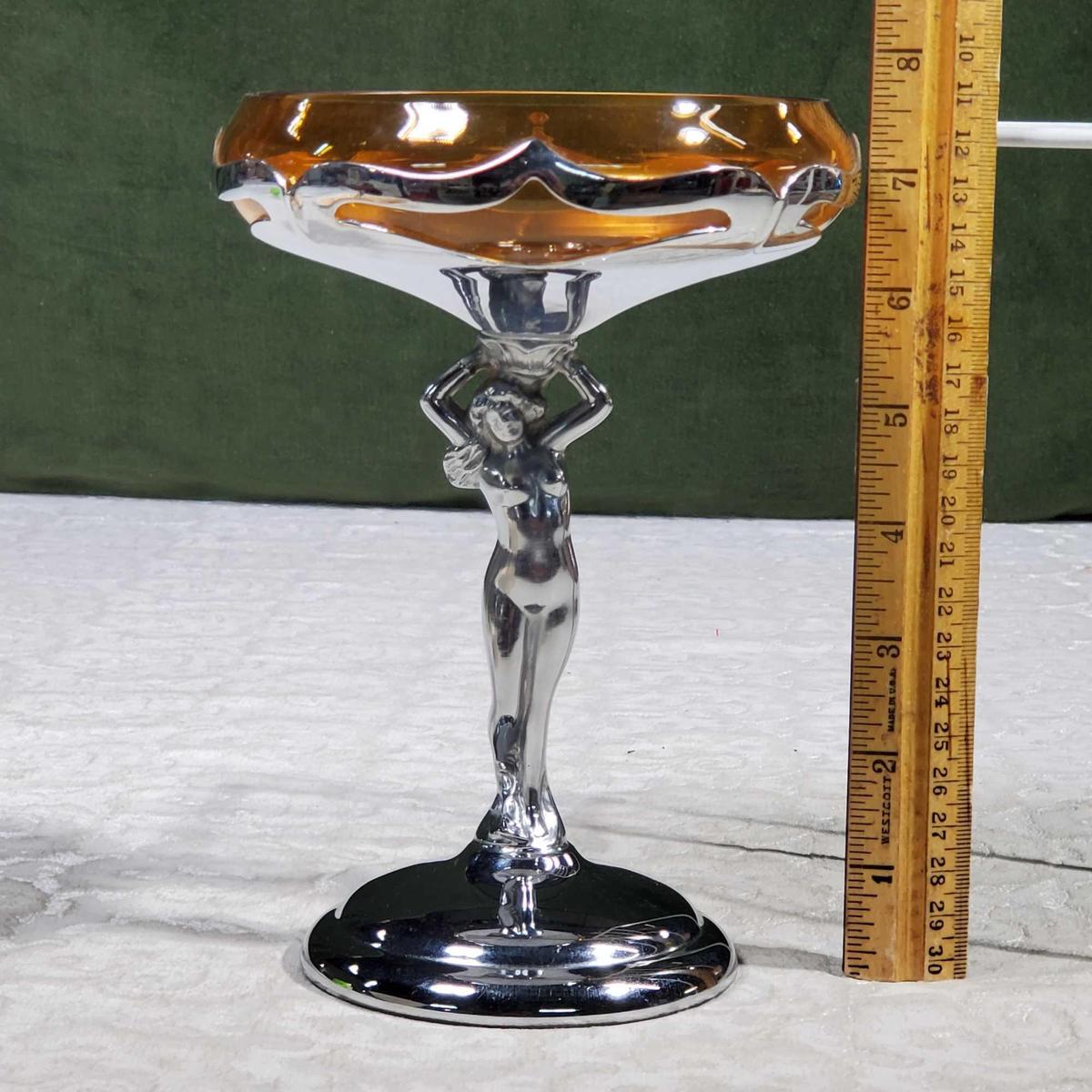 7 1/2" Chrom Faberware Statuesque Art Deco Compote With Cambridge Amber Glass inset