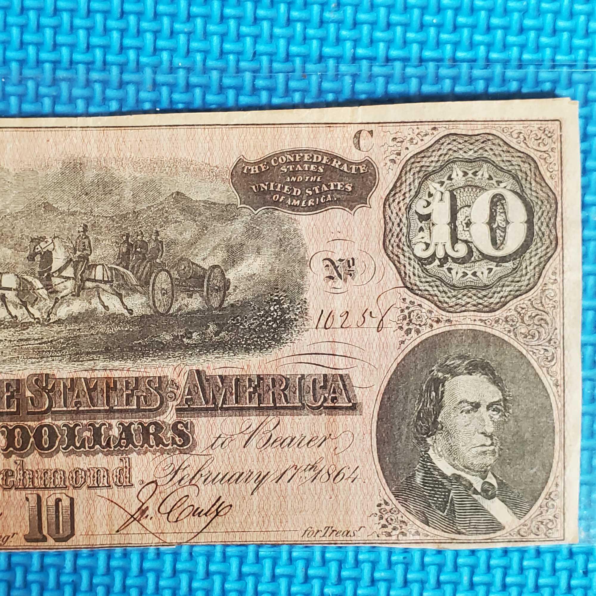 3 Confederate States of America Ten Dollars Notes Richmond 1864