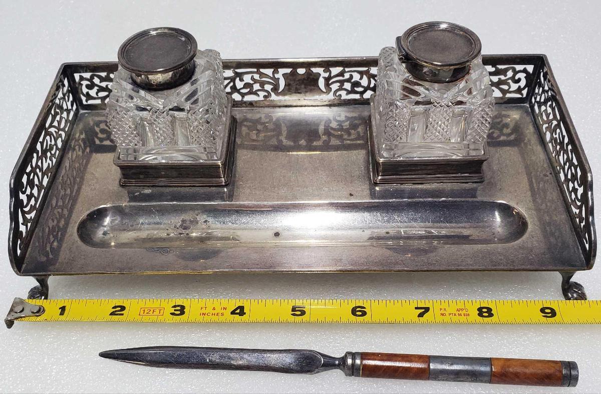 1906 Chester England Sterling Silver Double Inkwell And Mercedes Benz Letter Opener