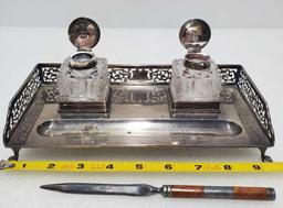 1906 Chester England Sterling Silver Double Inkwell And Mercedes Benz Letter Opener