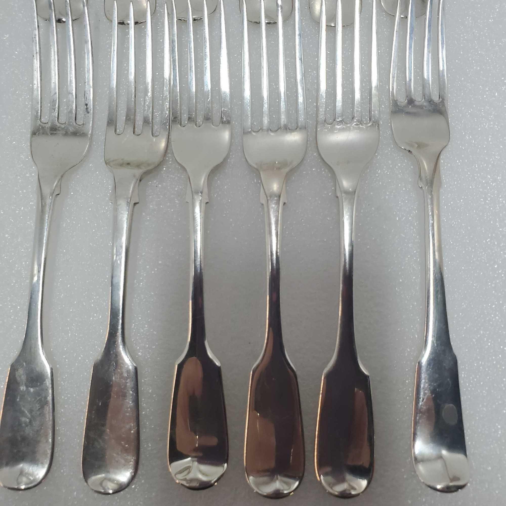 12 Sterling Silver 19th C. English Fiddleback Forks 6 3/4" Vairious Makers & Dates