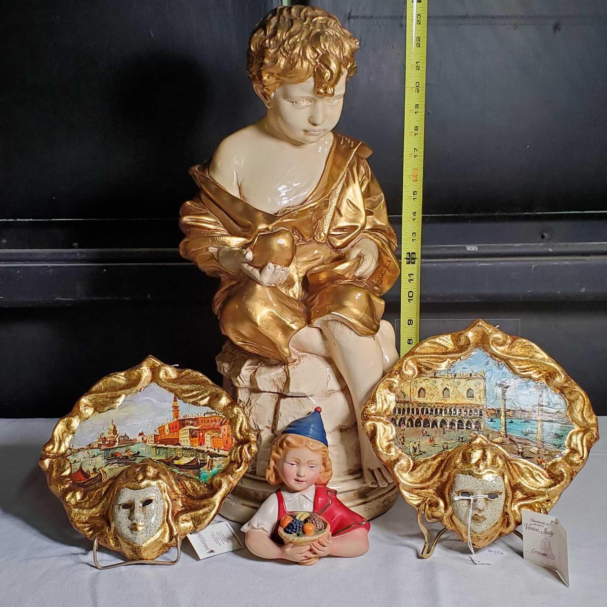Florentine Gilt 24" Chalk Statue, wall plaque and 2 Hand Painted Canal Scene Masks