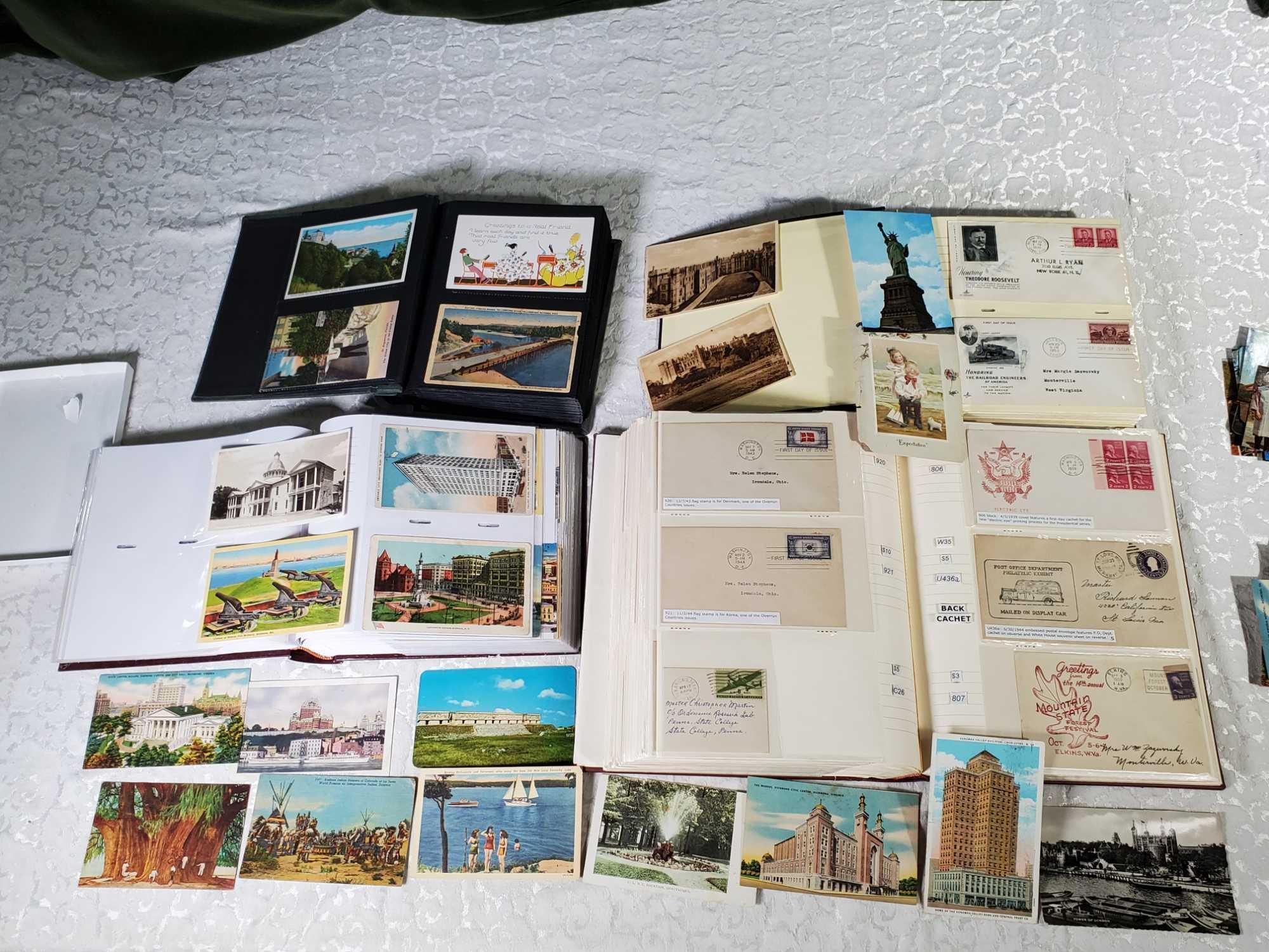 5 Albums of Vintage and Antique First Day Covers, Stamps, Postcards and Old Stock Certificates