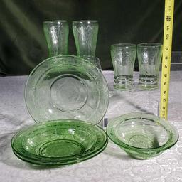 Collection Of Anchor Hocking Cameo Dancing Ballerina Green Depression Uranium Glass Tablewares