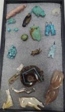 Tray Lot Of Zuni Native American Turquoise, Ammonite, Bone, Agate, And Shell Hand Carved Fetishes