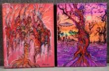 Two Nicholas (Nick) Sea Acrylics On Canvas Surreal Paintings "Trees Of Life"