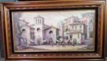 Impressionist Spanish Village Square Oil On Canvas Signed "Garot"
