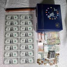 US Uncut Sheet of 16 $1 Bills with Hanger, Euro Coin Album, Rolls of UNC Canadian Coinage & More