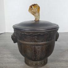 Vintage Chinese Bronze Vessel With Fowl Head Handles Wood & Jade Cover