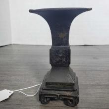 4 1/8" X 2 5/8" Chinese Archaistic Bronze Gu Vase Beaker On Carved Wood Stand.