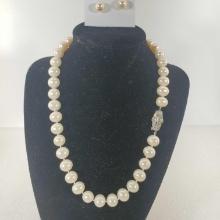 Cultured Pearl Necklace With Patinum & Diamond Clasp And Pair Of Stud Earrings