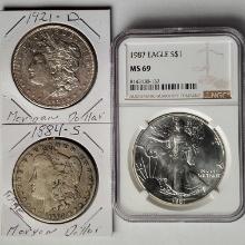 1884-S and 1921-D Morgan Silver Dollars and NGC MS 69 1987 Silver Eagle $1 1 Troy Oz .999 Silver