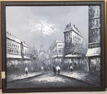 Gray Scale oil on Canvas Parisian Street Scene Painting signed Burnett