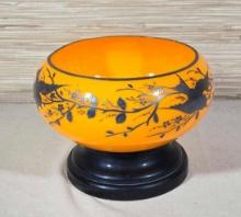 Antique Bohemian Art Glass Bowl with Hand Painted Silver Decoration on Pedestal