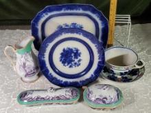 1800s Flow Blue, Flow Blue & Spongeware, Mulberry Transfer Ware Ironstone and Porcelains