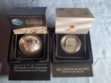 2 US Mint Commemorative Proof .999 Silver Dollars - 2019 Apollo 11 & 2021 Christa McAuliffe w/ Boxes
