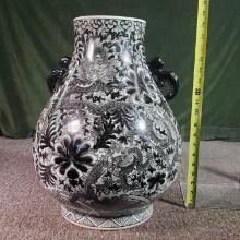 Large Chinese Gourd Form Vase with Ornate Black and White Decoration