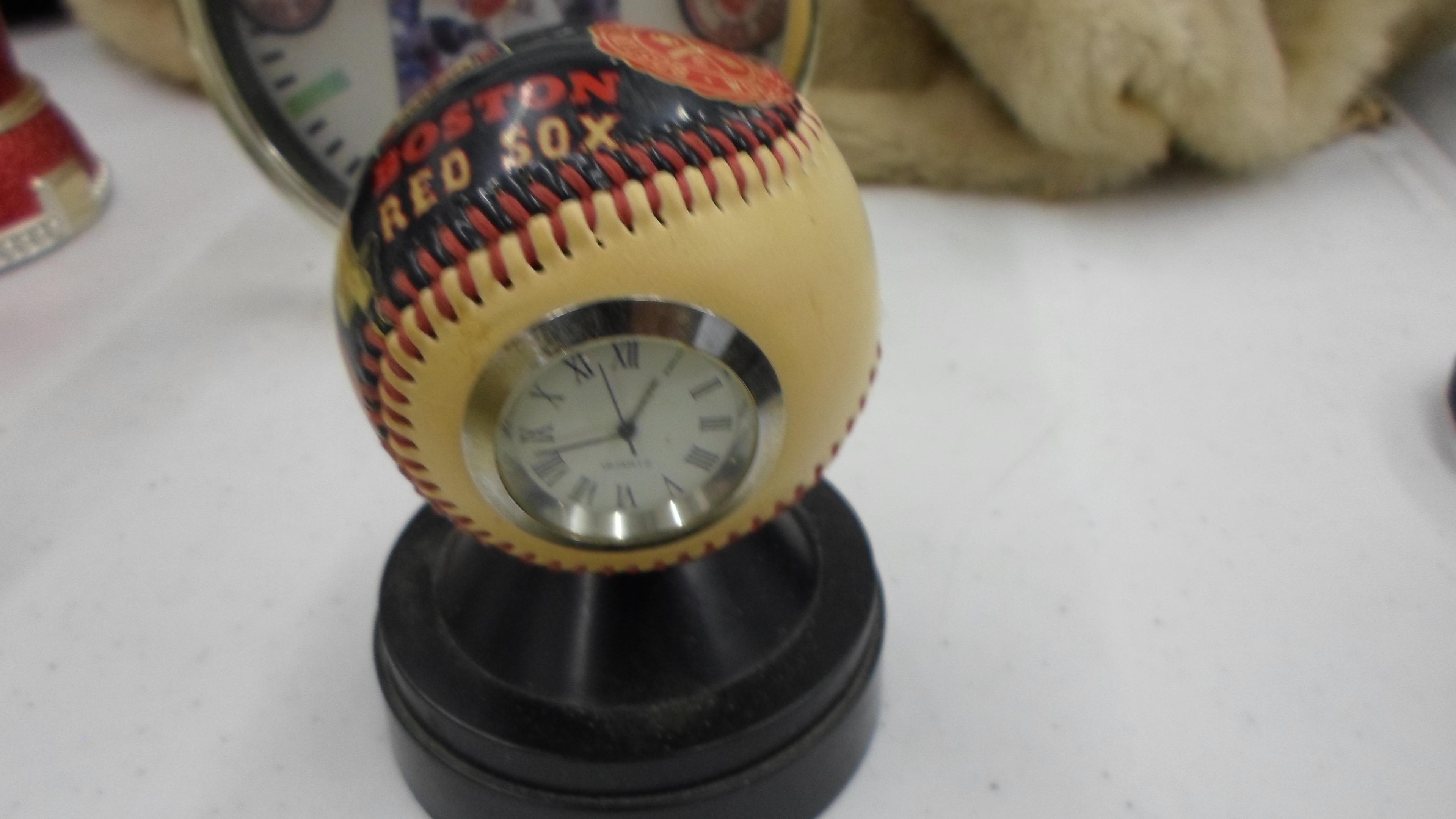 red sox decor, two clocks one is made of a game ball