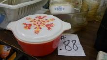 pyrex, baking dishes, covered dish with chickens