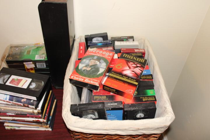 Small Computer Table, VHS Tapes and DVD Movies