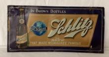 Early Schlitz Tin Tacker Sign W/ Bottle