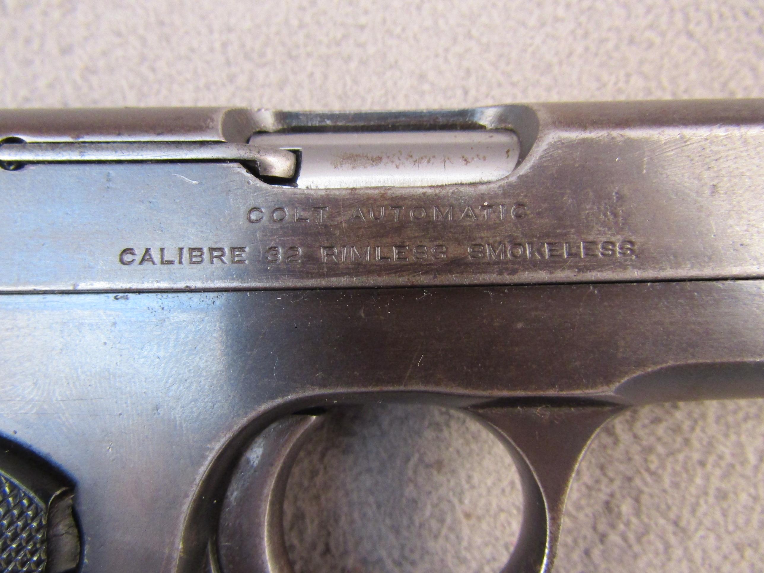 handgun: COLT Model 1903 Automatic, Semi-Auto Pistol, .32, 7 shot, 3.75" barrel, S#339634