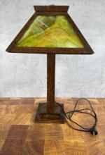 Arts and Crafts Oak Stained Glass Lamp