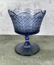 Fenton Glass Basket Weave Blue Footed Bowl