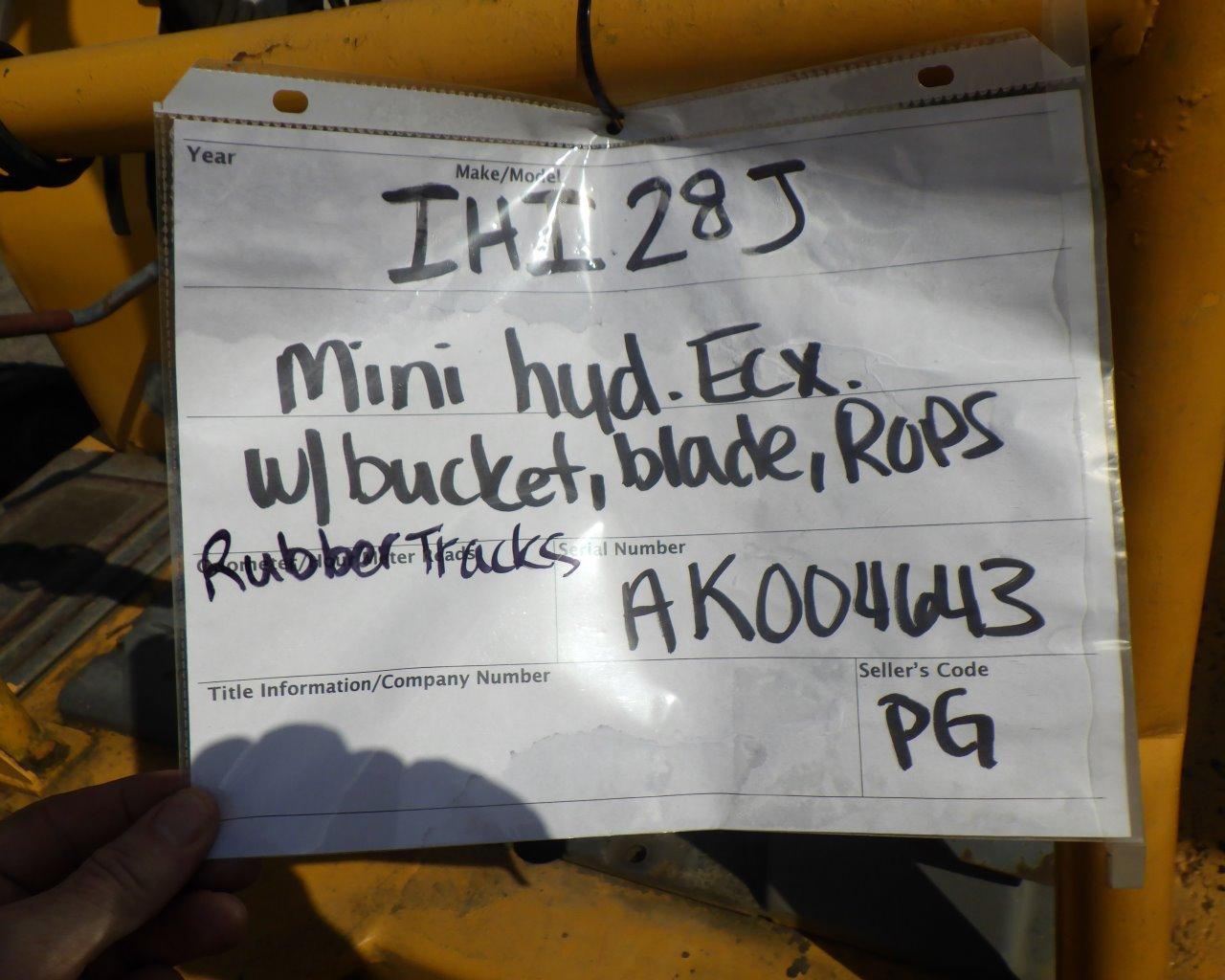 IHI 28J Hyd Excavator w/Bucket   Blade   Rops   Rubber Tracks s/n:AK004643