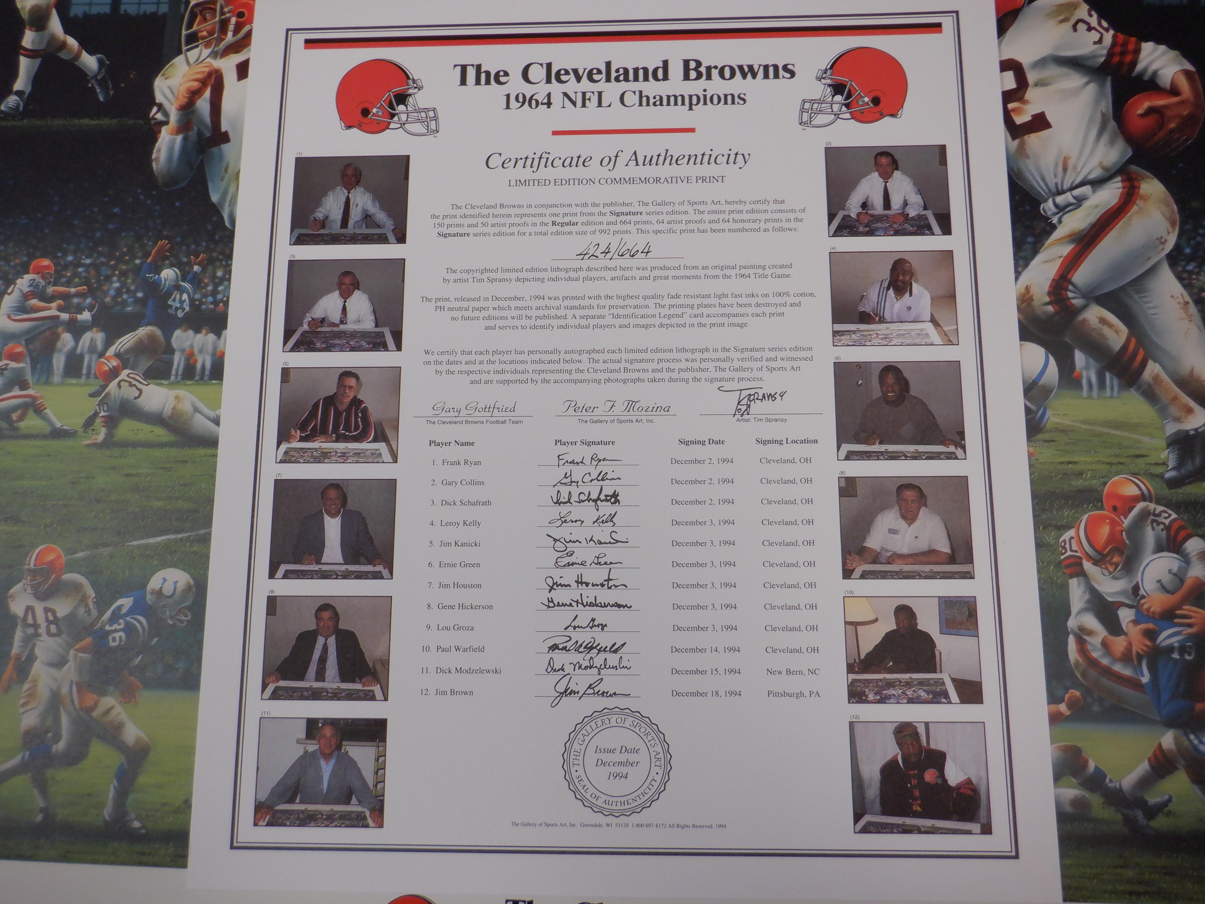 1964 CLEVELAND BROWNS SIGNED AUTO CHAMPION PRINT WITH COA. NUMBERED 424/664