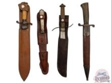 Lot Four Fixed Blade Knives with Leather Sheaths and Ornate Handles