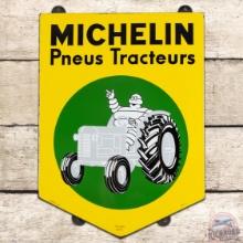 Michelin Pneus Tracteurs Die Cut SS Porcelain Sign w/ Bibendum & Tractor