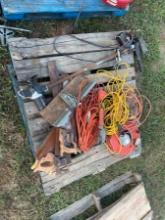Pallet with Trolling Motor, Hand Saws, & Drop cords