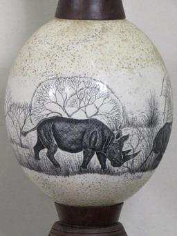 Ostrich Egg Lamp (Rhino Scene) AFRICAN ART