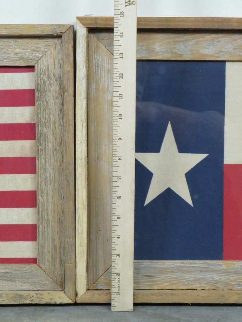 2 Vintage Flags (US & Texas) in Nice Rustic Natural Wood Frames (ONE$)
