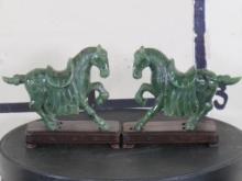 Jadeite Horse Figures on Wood Bases, Carved Stone ART