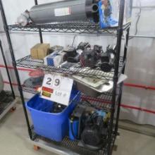Rack w/Contents:  Water Transfer Pumps, Water Filters, Aeromist Mdl. 60100