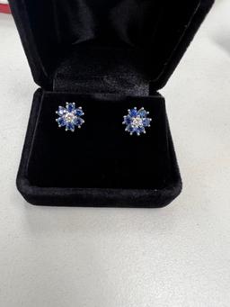 Diamond and Sapphire Flower Cluster Earrings 14K White Gold 1.91ctw