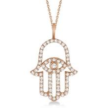 Diamond Hamsa Evil Eye Pendant Necklace 14k Rose Gold 0.51ctw