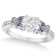Heart Diamond and Amethyst Butterfly Engagement Ring 14k W Gold 1.50ctw