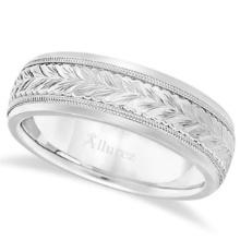 Hand Engraved Wedding Band Carved Ring in 14k White Gold 4.5mm